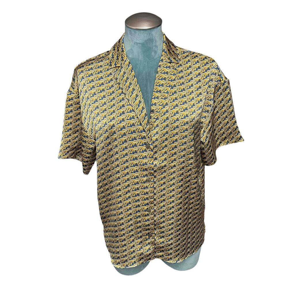 House of Harlow 1960 Satin Button Up Blouse Size S Gold Blue Short Sleeve Top